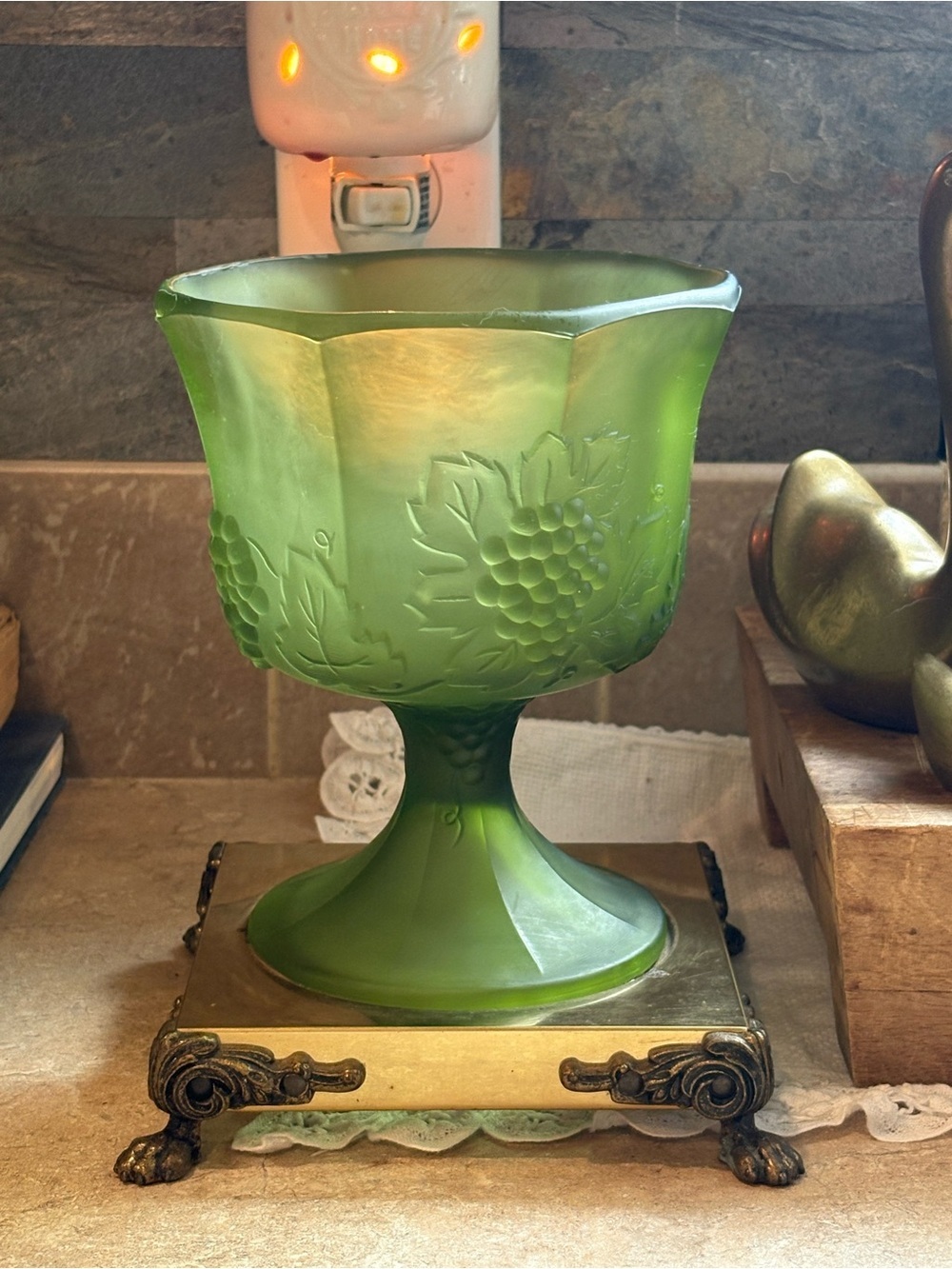 VTG OLIVE GREEN Glass Pedestal Compote with Grape Vine Motif ~ Brass Ornate Base